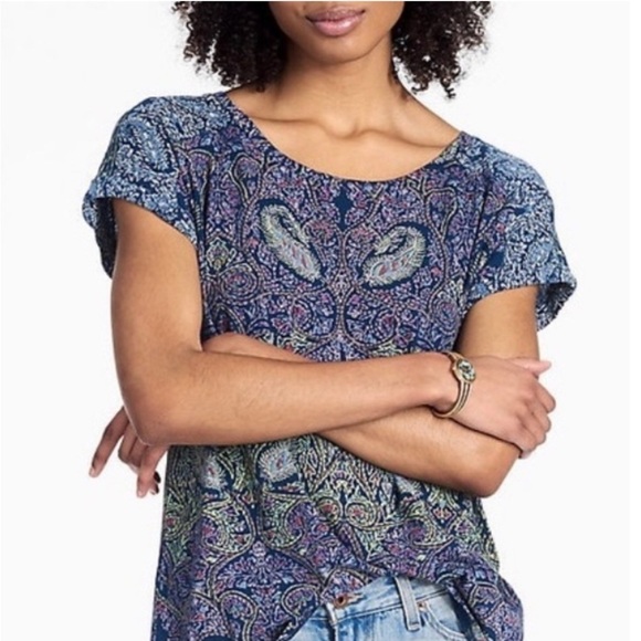 Lucky Brand Tee Top Navy Blue Small Embroidery Paisley Pattern Print Lightweight - Picture 1 of 9